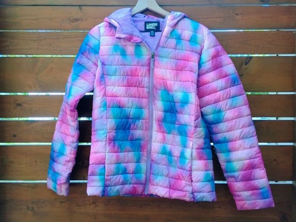 Lands End Kids Girl Puffer Jacket Pink Full Zip Hooded Lightweight Sz XXL 18-20